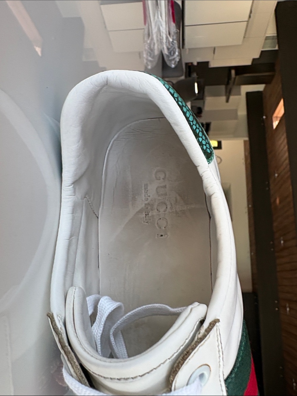 Gucci White Leather Sneakers with Green and Red Web and Gold Bee - Picture 3 of 8